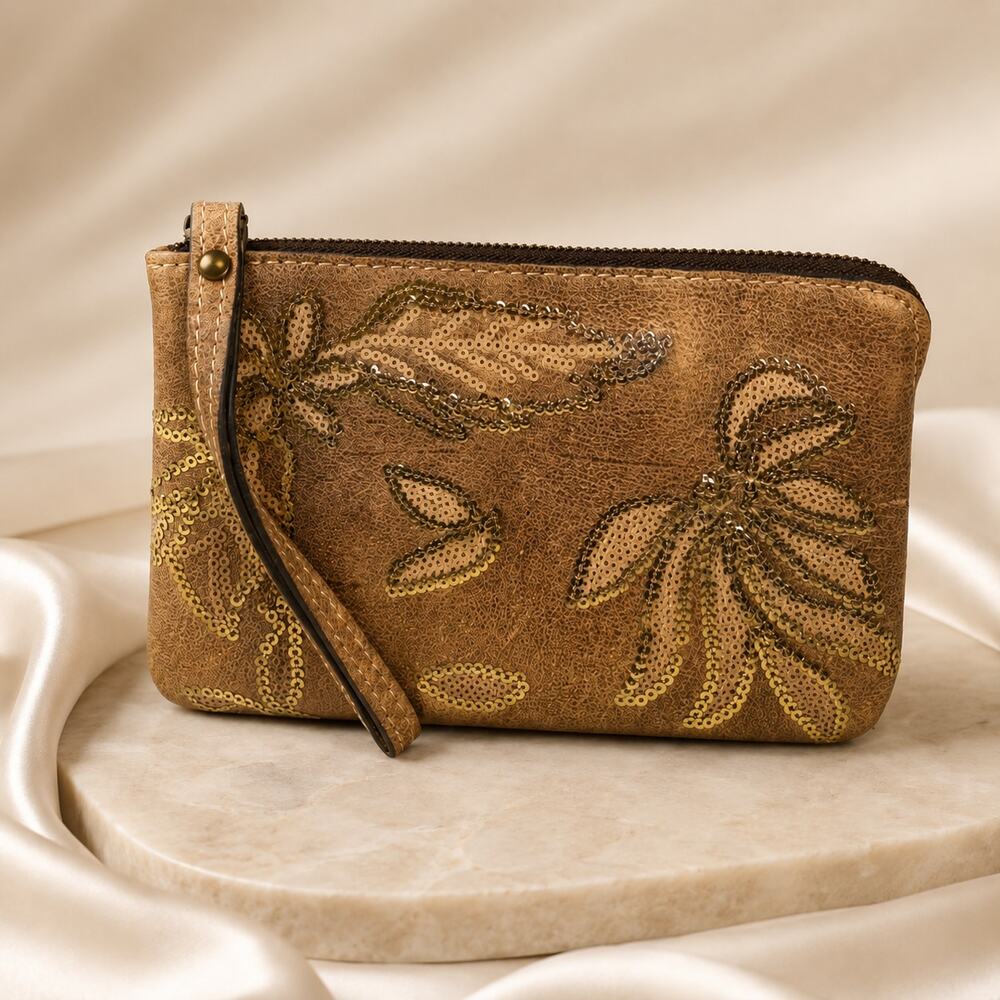 Patricia Nash Biscay Wristlet Bronze Gold Sequin Italian Leather Clutch Purse